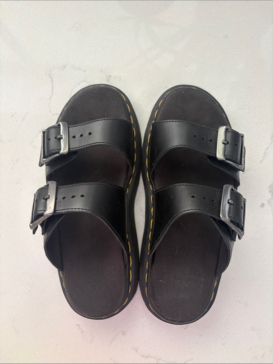Dr. Martens Shoes - Dr. Martens Black Leather Double Buckle Sandals with Yellow Stitching